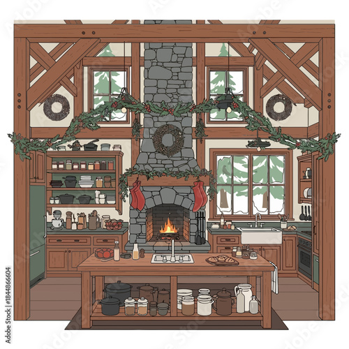 Cozy rustic kitchen interior with stone fireplace and wooden shelves decorated with greenery and