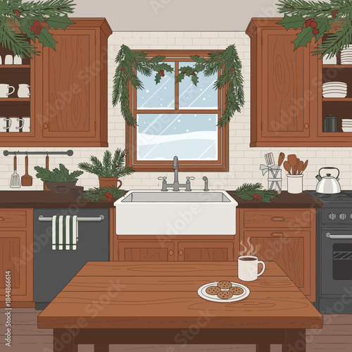 Cozy rustic kitchen with holiday decorations featuring wooden cabinets and a large window