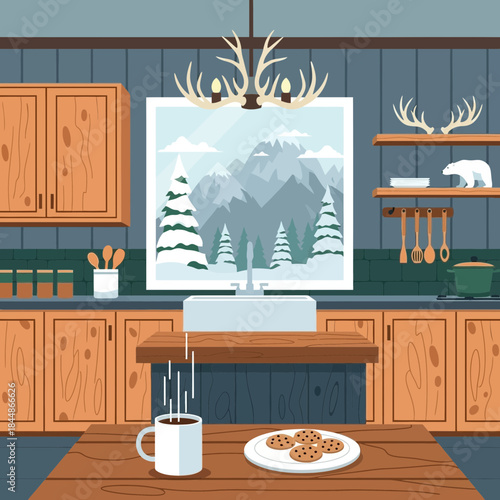 Cozy rustic kitchen with mountain landscape artwork and deer antler decor