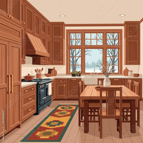 Cozy rustic kitchen with large window overlooking trees and natural light