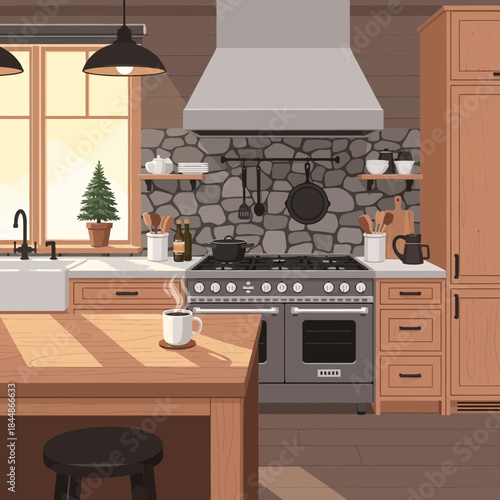 Cozy rustic kitchen with stone accent wall and wooden cabinetry for homely ambiance