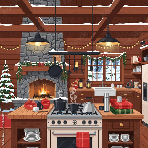 Cozy rustic kitchen with stone fireplace decorated for the holidays showcasing festive decor and