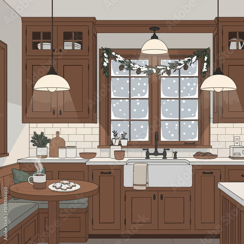 Cozy rustic kitchen with wooden cabinets and snow falling outside the window