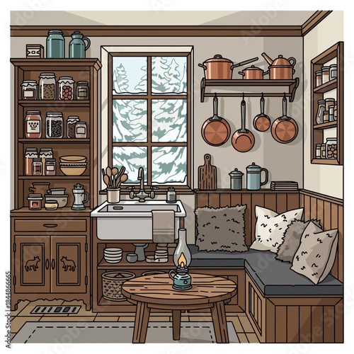 Cozy rustic kitchen with wooden shelves and vintage decor creating warm home atmosphere