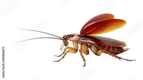 Brown cockroach with wings spread, crawling insect, isolated with transparent background