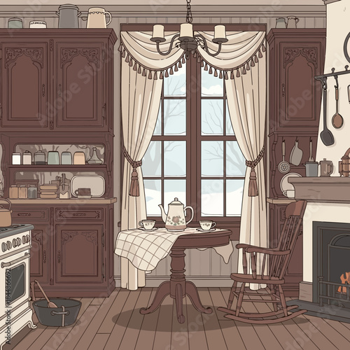 Cozy vintage kitchen interior with wooden cabinets, a fireplace, and a window with curtains