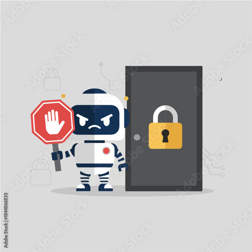 Robot Security Guard Holding Stop Sign Blocking Access Vector Illustration
