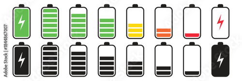 Battery charge level icons showing full to empty power status for energy, device, and UI concepts.