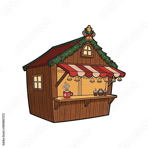 A charming miniature wooden christmas market stall with a festive red and white striped awning and rustic details