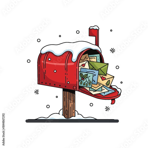 A festive red mailbox covered in snow, overflowing with holiday letters and packages