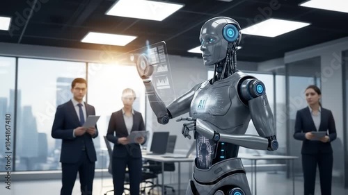 A humanoid robot functioning as an AI agent symbolizes agent autonomy and the automation of work by machines. 4k video