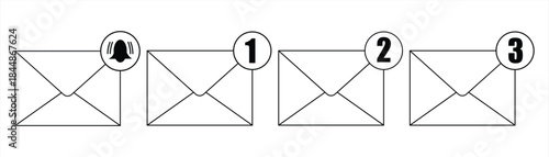 E mail notification one, tow, tree new email message in the inbox concept isolated on white background