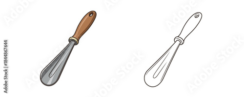 Vector illustration of a classic metal shoehorn with a brown wooden handle and its corresponding black outline drawing on a white background, useful for footwear