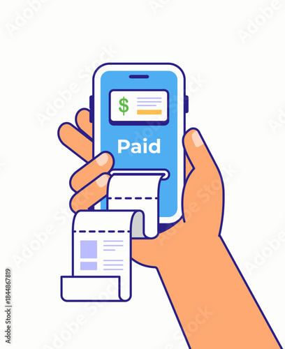 flat vector illustration of a hand holding a smartphone pos device showing paid status and printing a receipt. ideal for digital payment, fintech, checkout, and cashless transaction concepts
