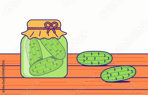 Fresh green pickles stored in a glass jar with cloth lid on a wooden table. perfect for food, kitchen, homemade, and preserved vegetables concepts cute flat vector illustration