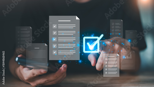 Wallpaper Mural Business approval with digital documents ,checklist confirmation. Represents approval workflow, document verification, compliance process, authorization, quality control, business decision making. Torontodigital.ca