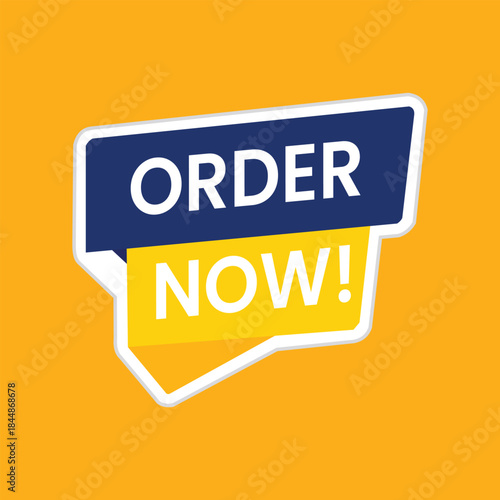 Order Now Vector Badge, Blue and Yellow Banner Sticker, Online Shopping Call To Action Button
