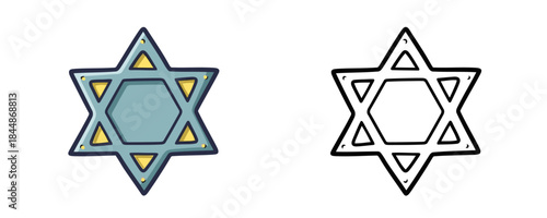 Doodle vector cartoon illustration of the blue and yellow Star of David emblem with rivets and its corresponding black outline drawing on a white background, a Jewish symbol