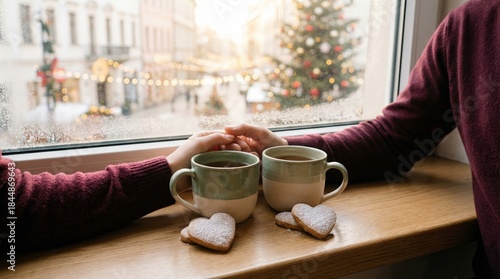 Two hands reach for each other over mugs of hot beverage on a wooden table. In the background, a decorated Christmas tree is visible through a window.