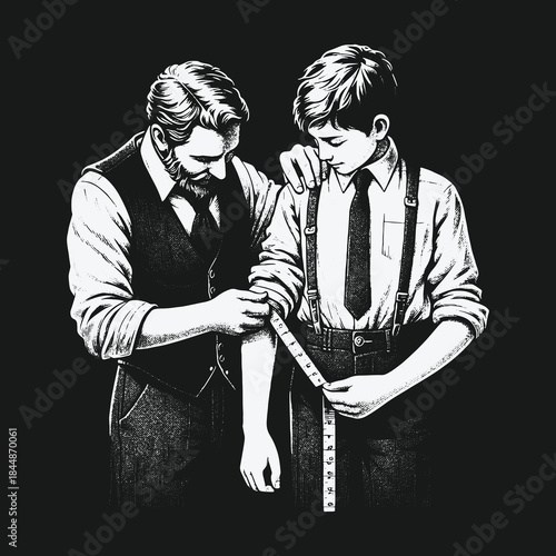 An experienced tailor measures a young boy for a custom suit in a vintage style illustration.