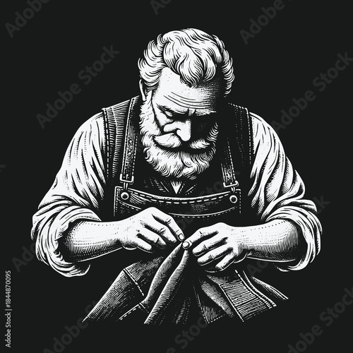 Elderly bearded tailor meticulously sewing fabric by hand in a vintage style.