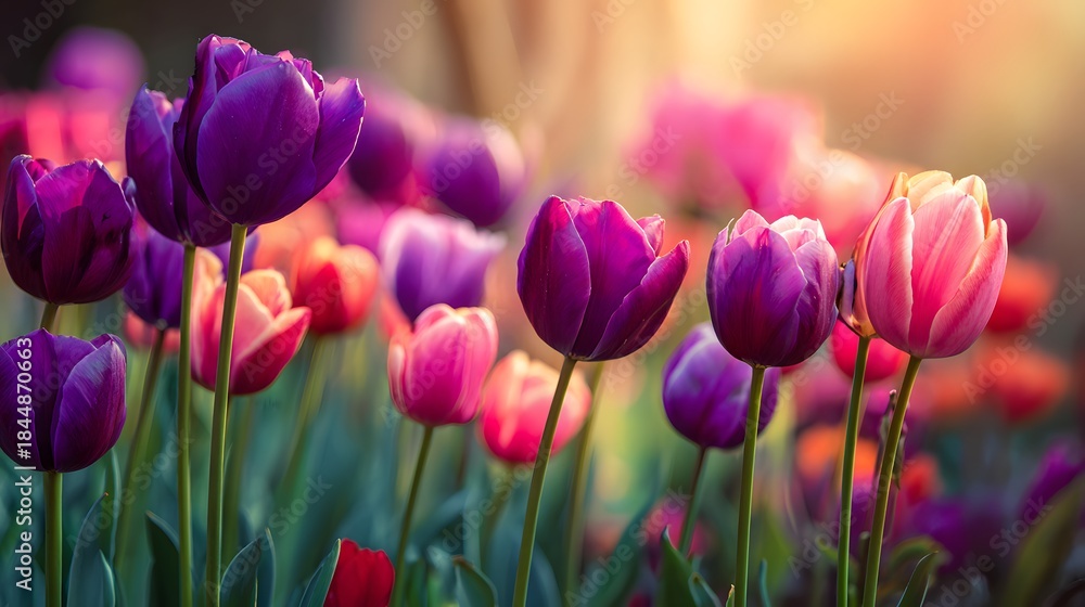 Obraz premium Vibrant Tulips Blooming in Soft Sunlight.
