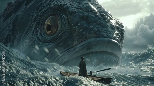 Prophet Jonah faces a giant fish during a divine trial at sea.