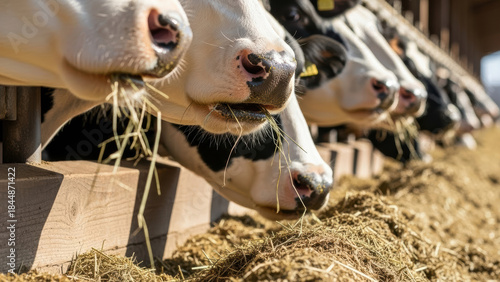 Cows eating hay in modern dairy farm barn closeup, livestock feeding on dried grass at trough, sustainable agriculture and animal husbandry concept in rural countryside