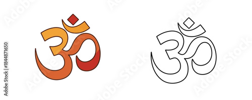 Doodle vector cartoon illustration of the sacred Om symbol in warm orange and red colors and its corresponding outline drawing on a white background, used in Hinduism
