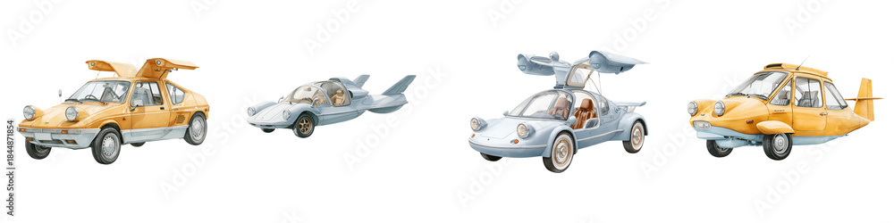 Fototapeta premium Flying Car Concepts Collection - Vintage Futuristic Vehicles