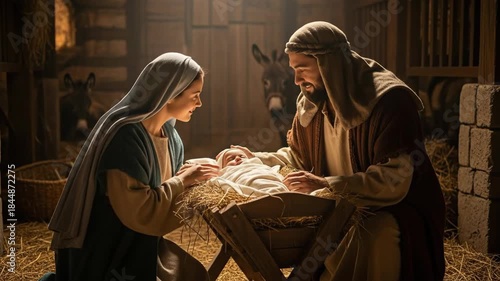 holy family nativity scene with middle eastern mary and joseph adoring baby jesus in manger. biblical christmas story in stable. religious greeting card, background.