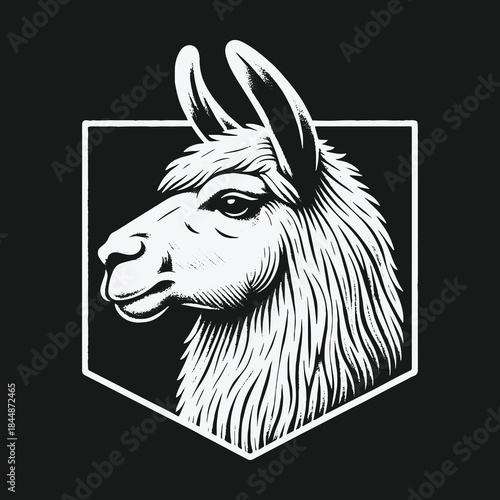 Monochrome llama head portrait illustration in a crest emblem.