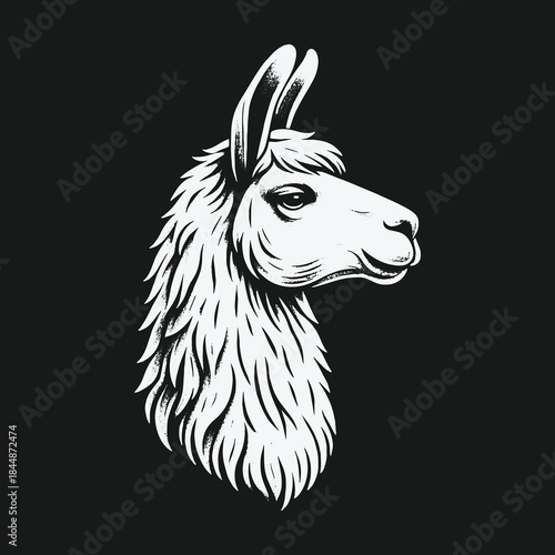 Monochrome Llama Head Profile Vector Illustration on Black Background.