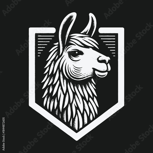 Monochrome llama head profile in a shield crest emblem.