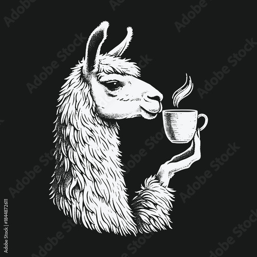 Funny whimsical llama with human hand holding a steaming coffee cup.