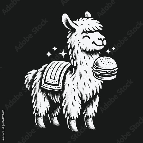 Cute cartoon llama happily holding a delicious hamburger illustration.