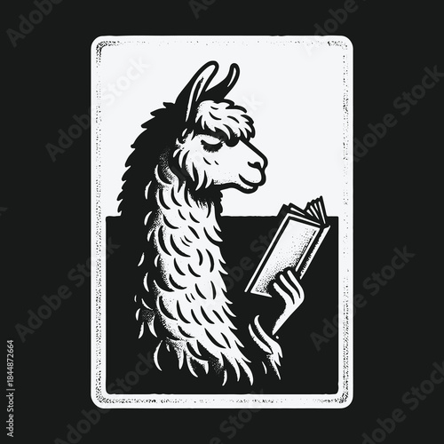 Black and white vintage illustration of a llama reading a book.