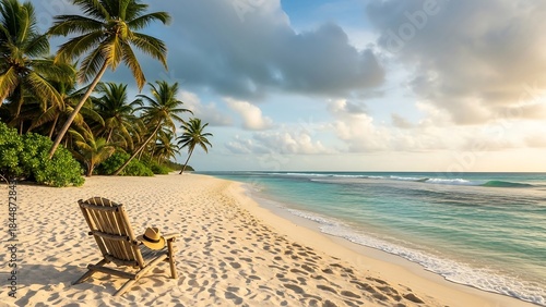 Fototapeta Naklejka Na Ścianę i Meble -  Serene tropical beach scene with chair, palm trees, and turquoise water.