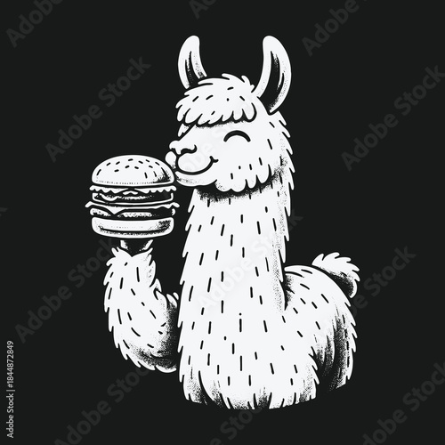 Happy cartoon llama holding a delicious hamburger illustration.