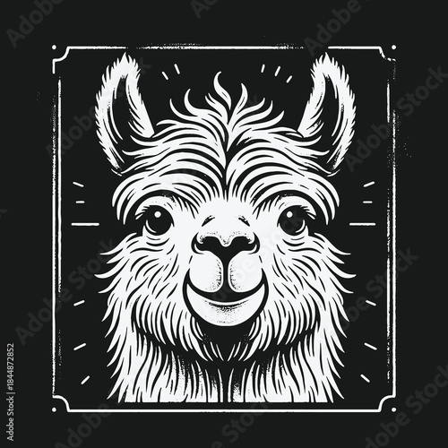 Happy Llama Face Black and White Vintage Illustration Art.