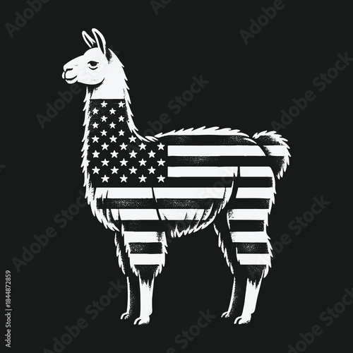 Patriotic Llama with American Flag Silhouette Illustration.
