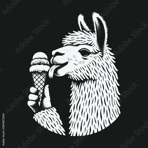 Black and white illustration of a funny llama eating ice cream.