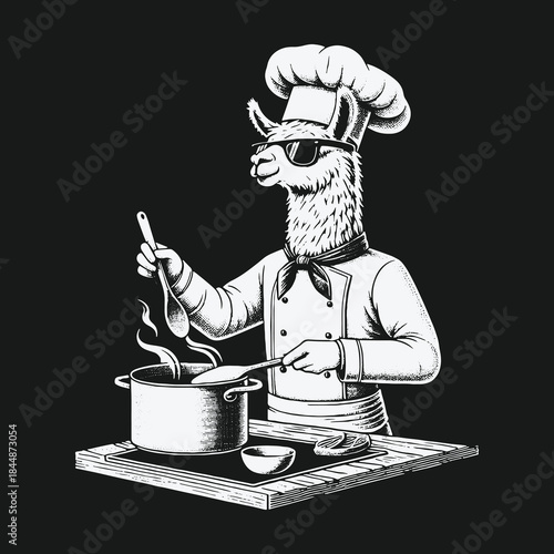 Funny Llama Chef in Sunglasses Stirring a Pot.