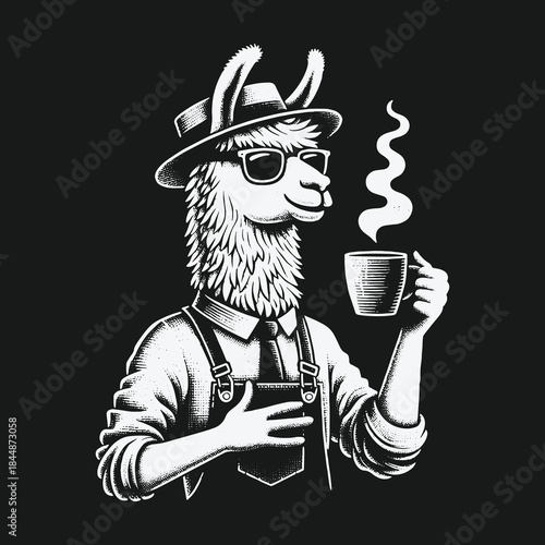 Stylish llama in a hat and sunglasses enjoying a hot coffee.