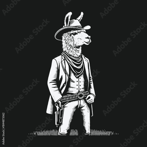 Vintage black and white illustration of a llama cowboy gunslinger.