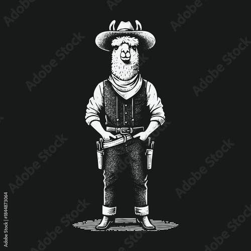 Vintage Engraved Illustration of an Anthropomorphic Llama Cowboy.
