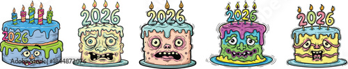 Creepy and colorful birthday cakes with '2026' toppers, featuring cartoon monster faces