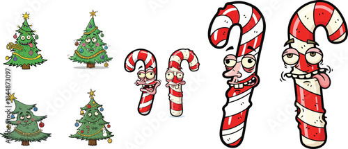 Humorous holiday illustrations Decorated cartoon Christmas trees and comically expressive, monstrous candy canes for quirky festive fun