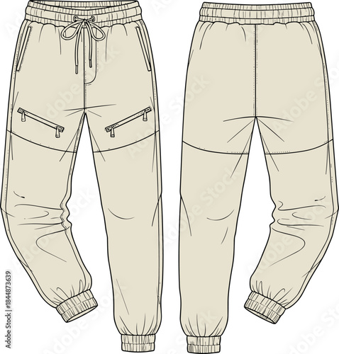 Light Beige Technical Sport Jogger Pants CAD Flat Drawing Vector Illustration with Zipped Pockets, Drawstring, and Elastic Cuffs for Apparel Design.