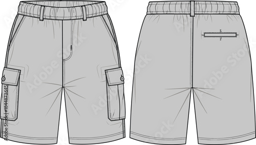 Light Grey Technical Cargo Shorts CAD Flat Drawing Vector Illustration with Elastic Waist, Drawstring, Side Flap Pockets, and Rear Welt Pocket for Apparel Design.